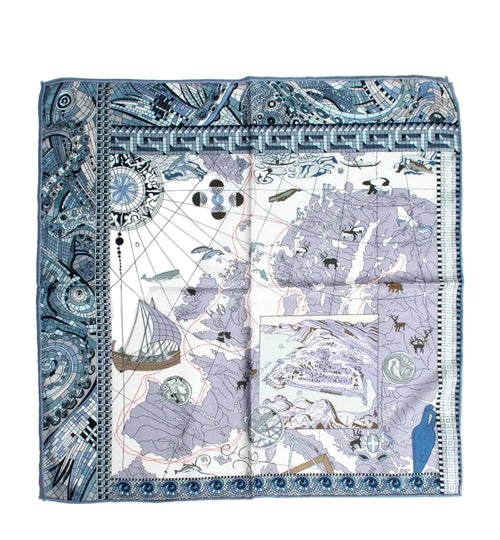 Retro Explorer Map Print Square Scarf 30% Silk 70% Wool Herringbone Texture Warm Shawl for Women Luxury Fashion Accessory MYNELIA