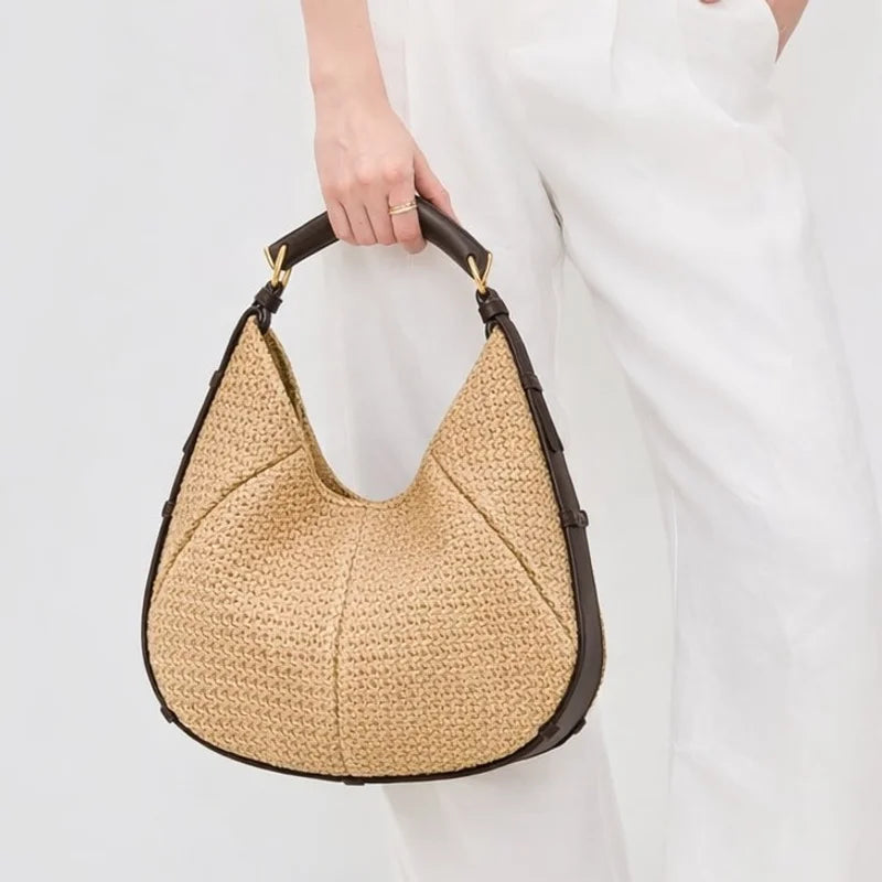 Sac croissant Paille tressée Femme – Bordures Cuir Style Bohème Chic Été & Quotidien