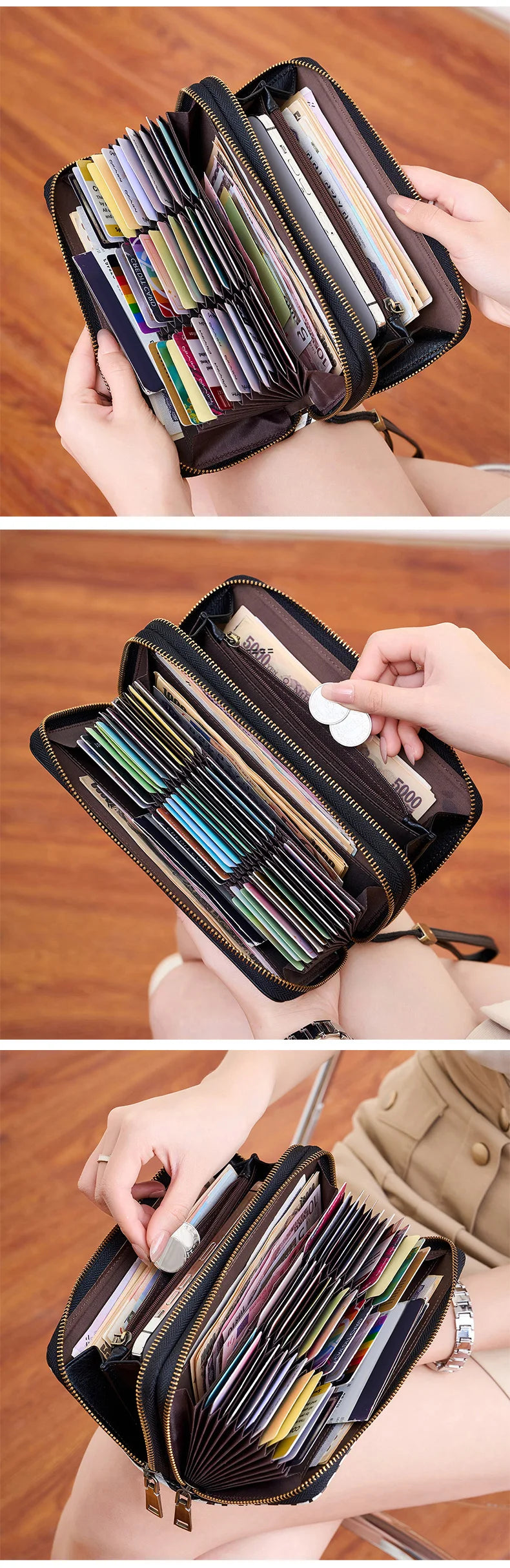 Brieftasche mit zwei Reißverschlüssen aus PU-Leder – RFID-Schutz