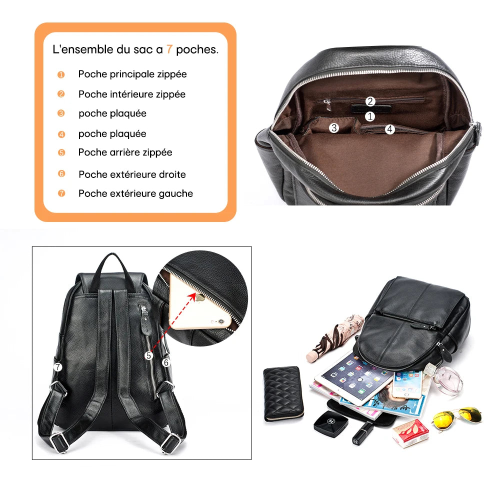 Sac à dos femme en cuir véritable – Anti-Vol, Grande Capacité MYNELIA