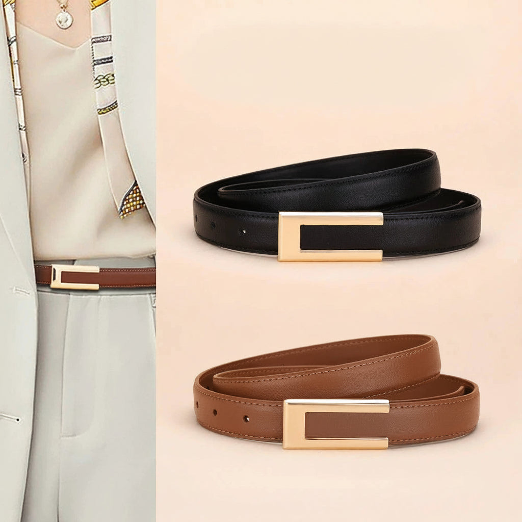 Ceinture Cuir Véritable Boucle Lisse Motif Géométrique