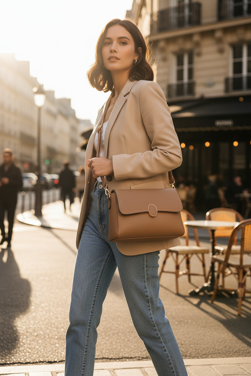 Femme parisienne portant le sac carré PU surpiqûres