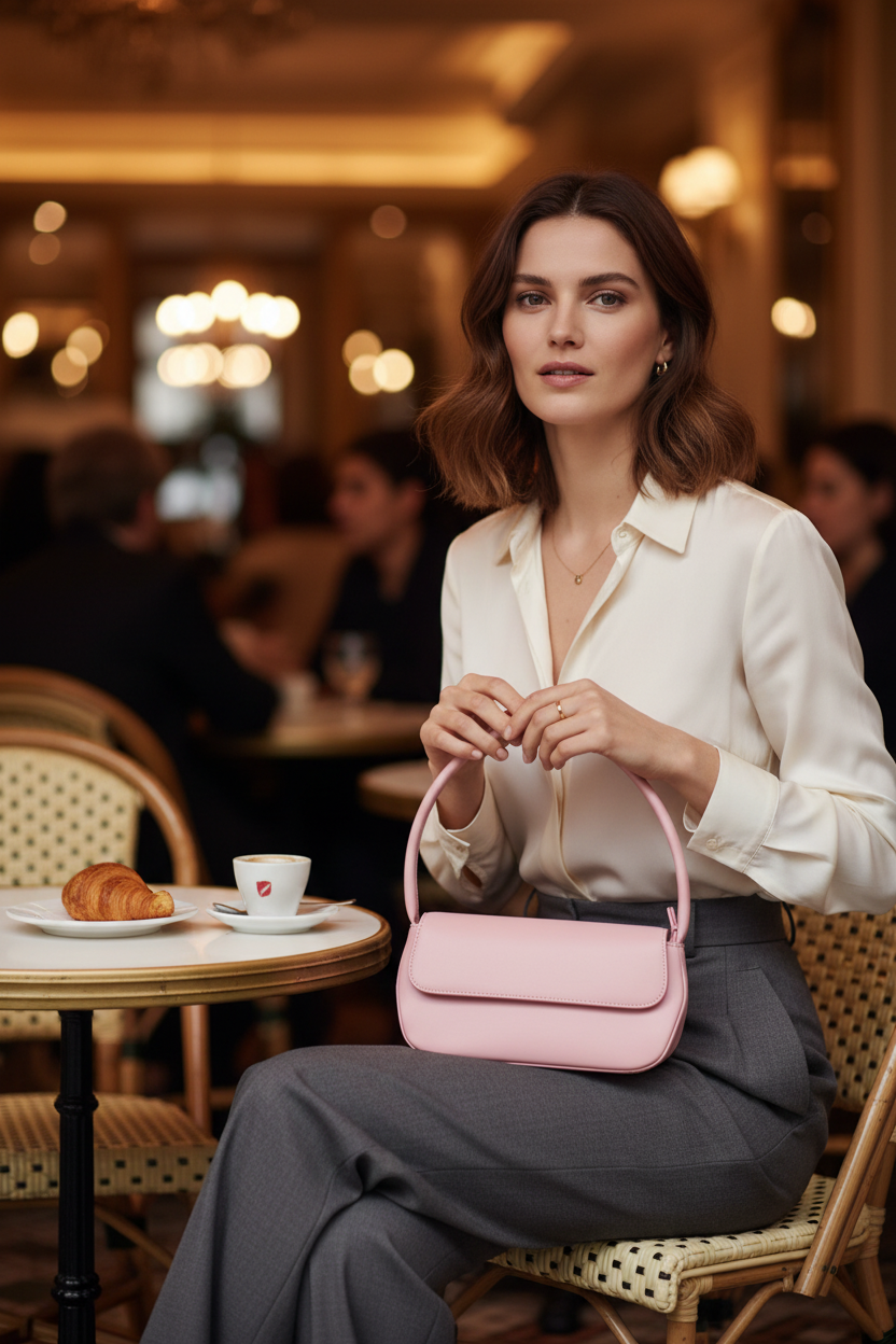 Femme portant le sac rose dans un café parisien