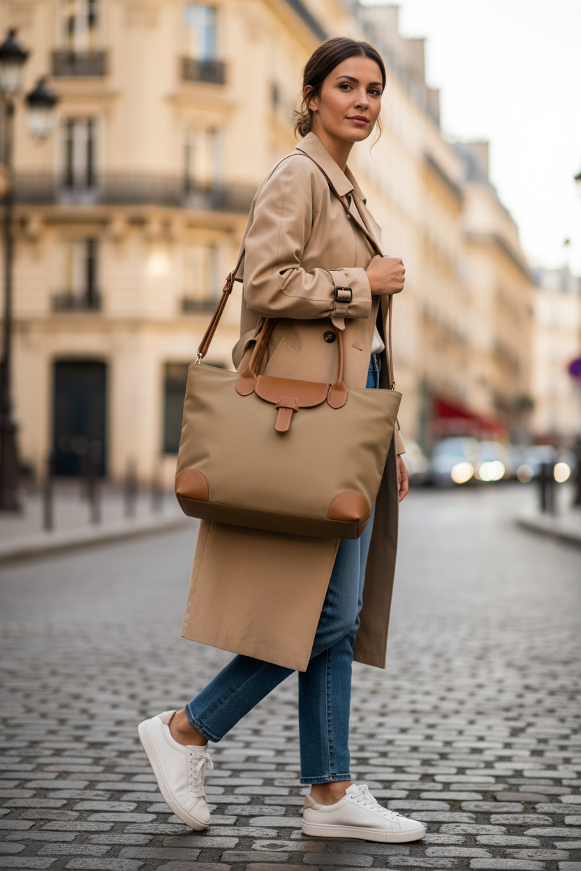 Femme portant le tote bag kaki avec anses camel